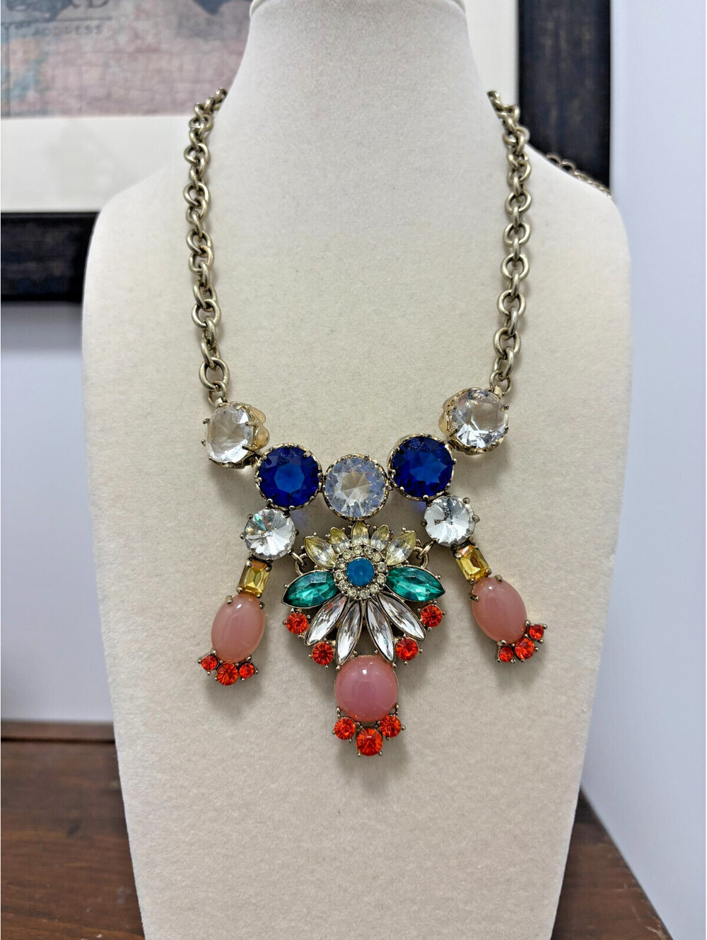 Bold Chunky J Crew Colorful Glass & Faux Bead Statement Necklace Blue Pink Clear